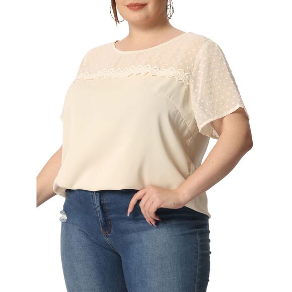Plus Size Tops Round Neck Short Sleeves Polka Dots Lace Panel Blouses Beige - Picture 2 of 6